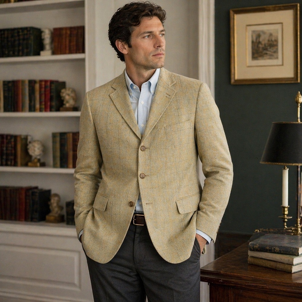 Brooks Brothers Sport Coat Wool Windowpane Tan Classic Blazer Men's Size 39 LG